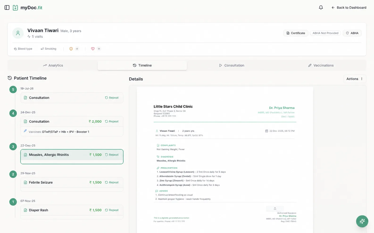 Patient timeline with a full digital prescription